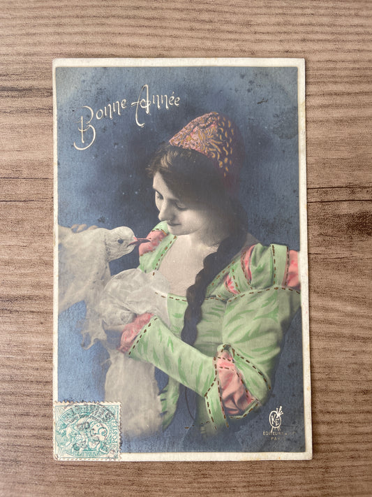 フランスアンティーク ポストカード「女性と白い鳥」